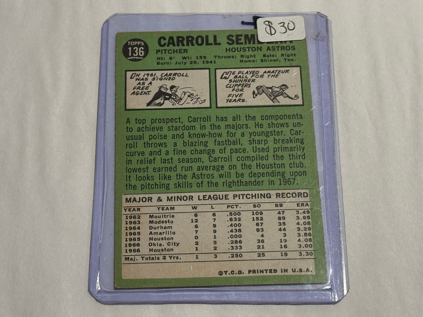 Carroll Sembera - Houston Astros - Pitcher | Baseball Card