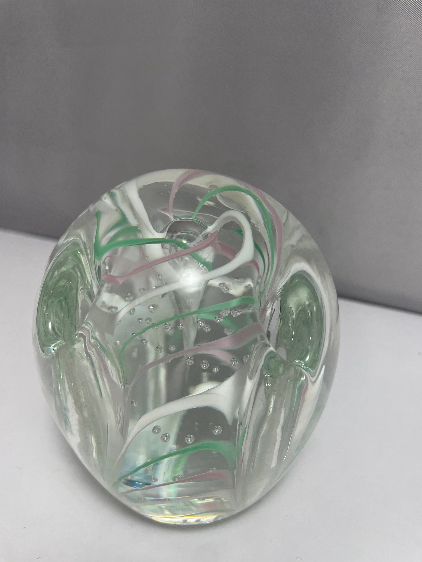 Vintage Murano Pink, Green, and White Uniquely Designed Paperweight