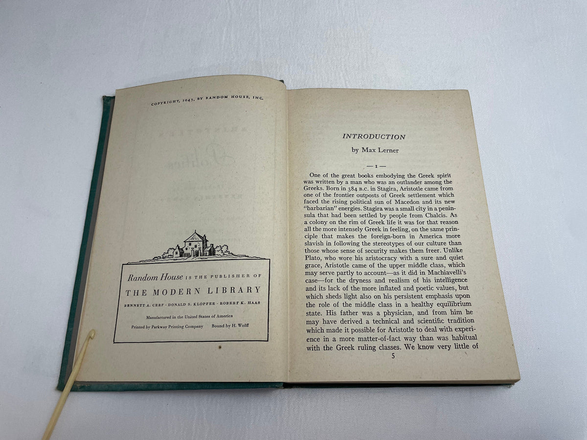 Aristotle's Politics, The Modern Library New York, Antique Book, Greek Philosophy, Antique Book