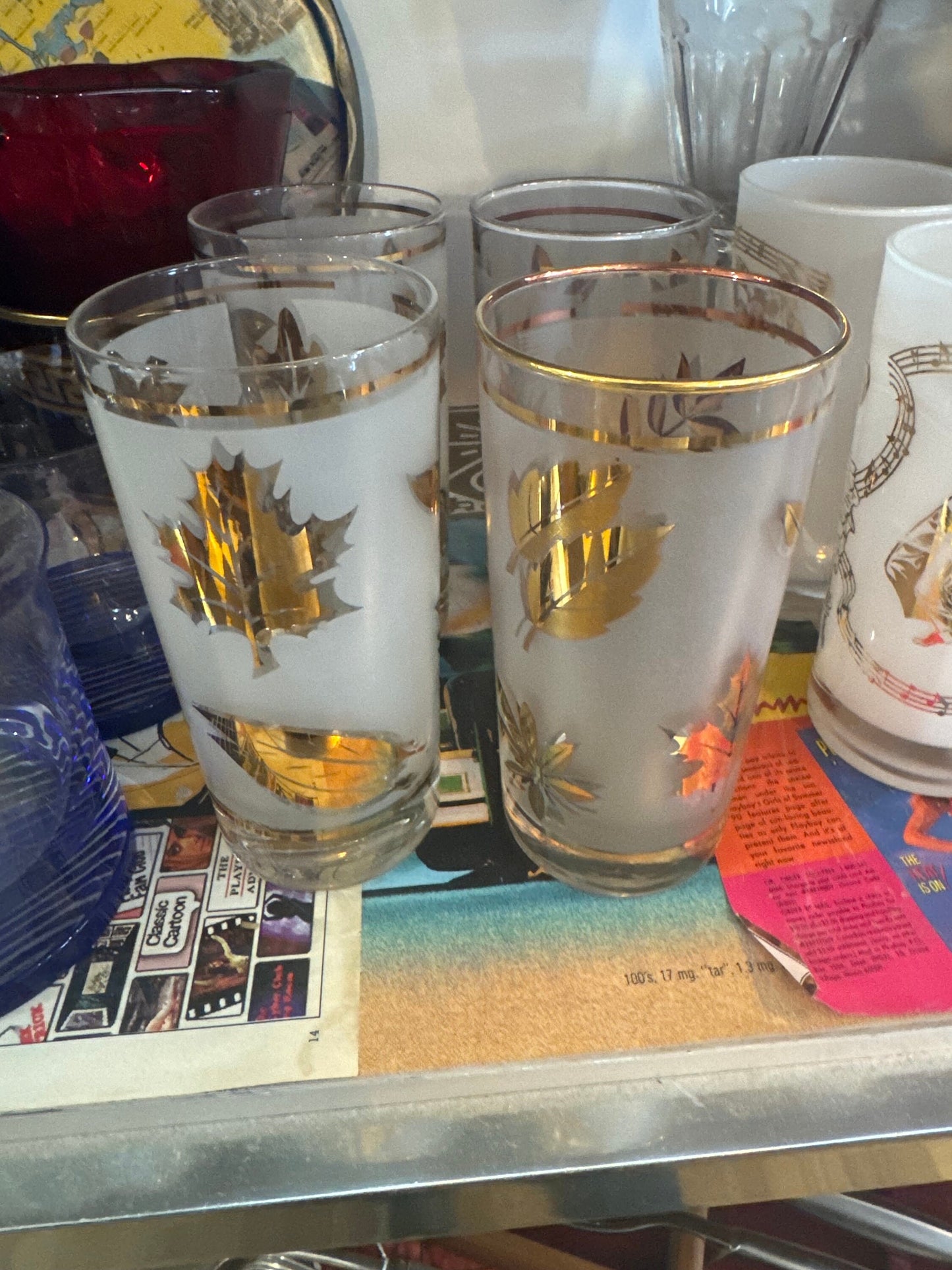 4 Vintage 1950’s Libbey Frosted Gold Leaf Mid Century Glasses Gold Rim 8 oz MCM