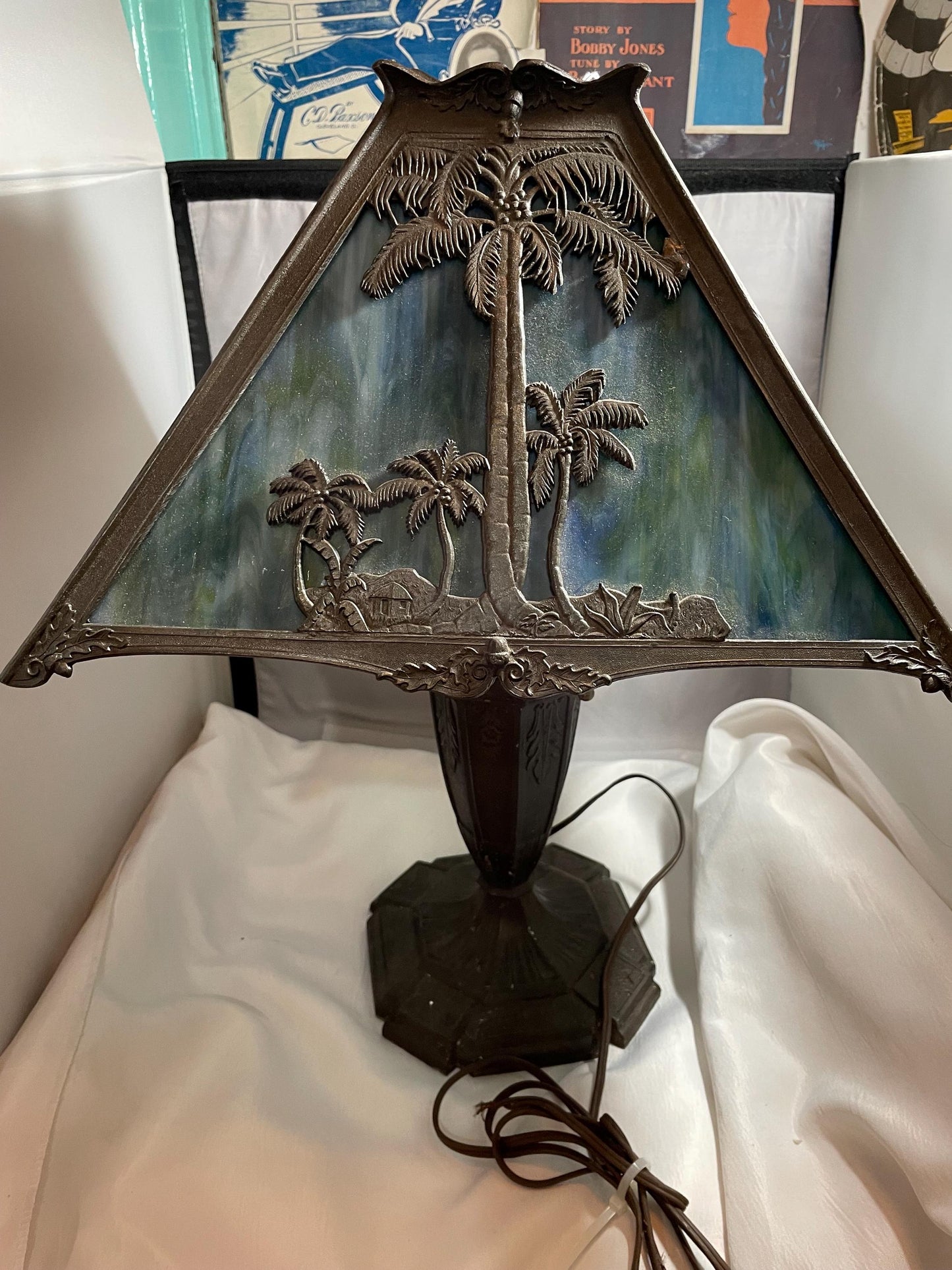 4 panel Slag glass tropical overlay , ornamental base.