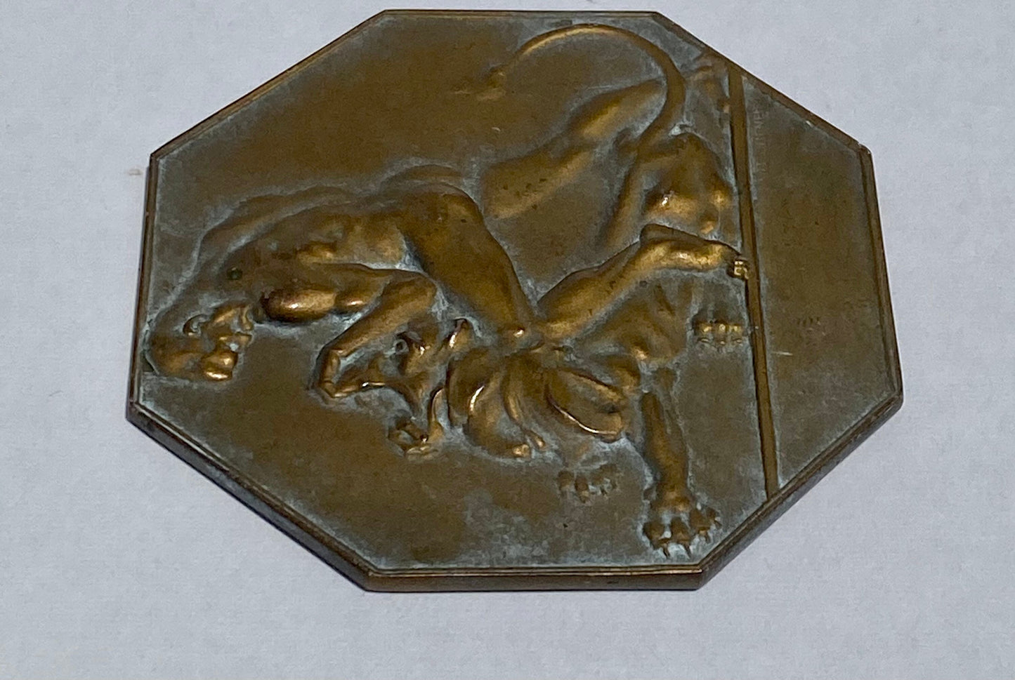 Hexagonal Bronze Plaque of Heracles Slaying Nemean Lion by Otto Hofner