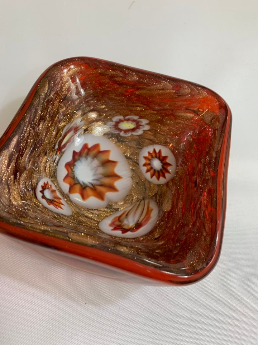 Alfredo Barbini Venetian glass, small square bowl, copper red, gorgeous.