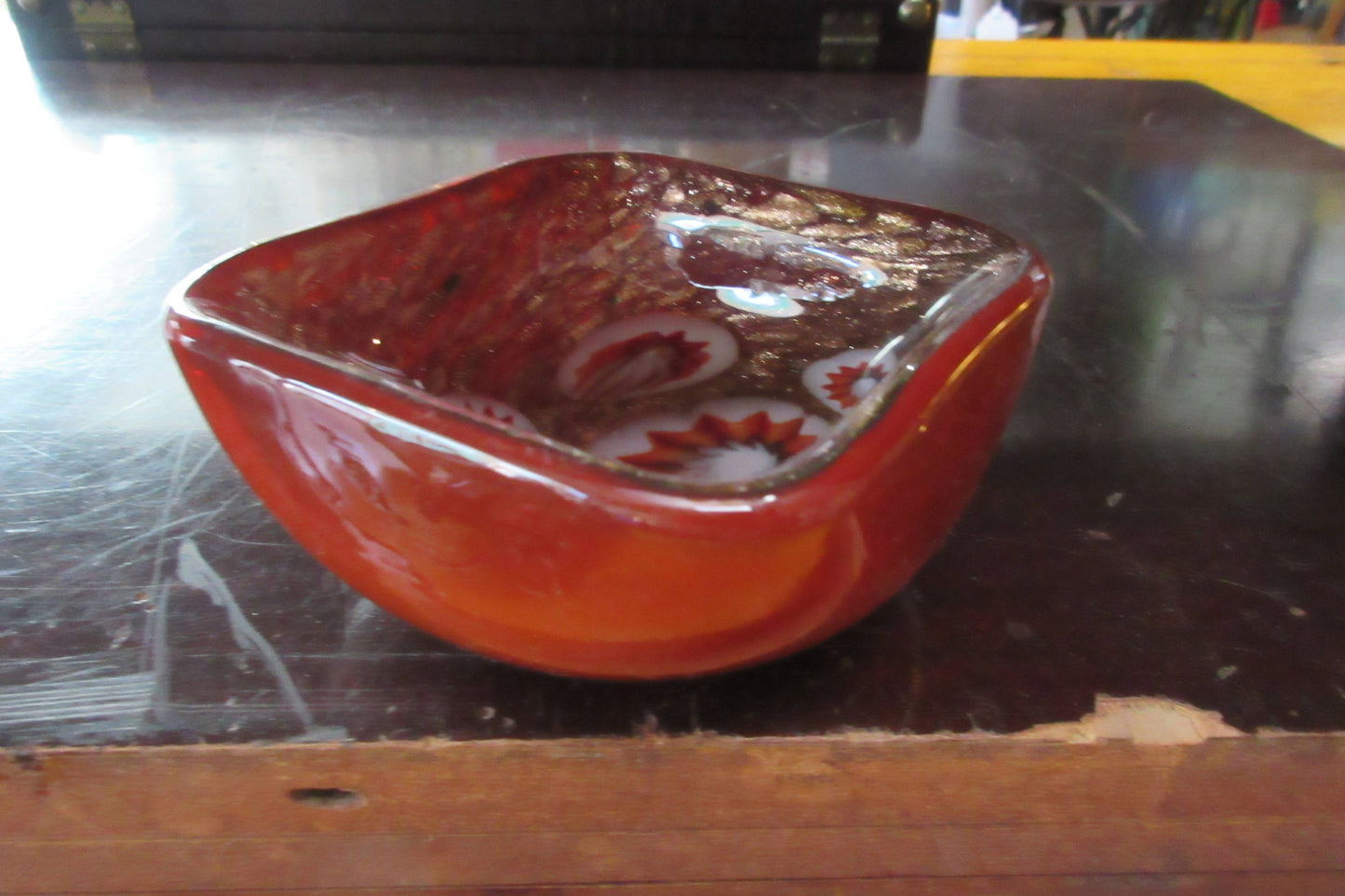 Alfredo Barbini Venetian glass, small square bowl, copper red, gorgeous.