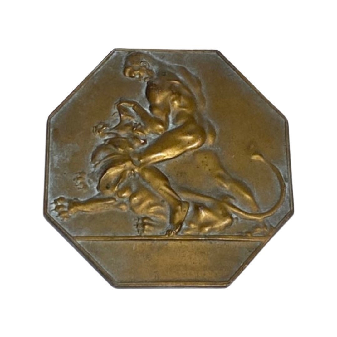 Hexagonal Bronze Plaque of Heracles Slaying Nemean Lion by Otto Hofner