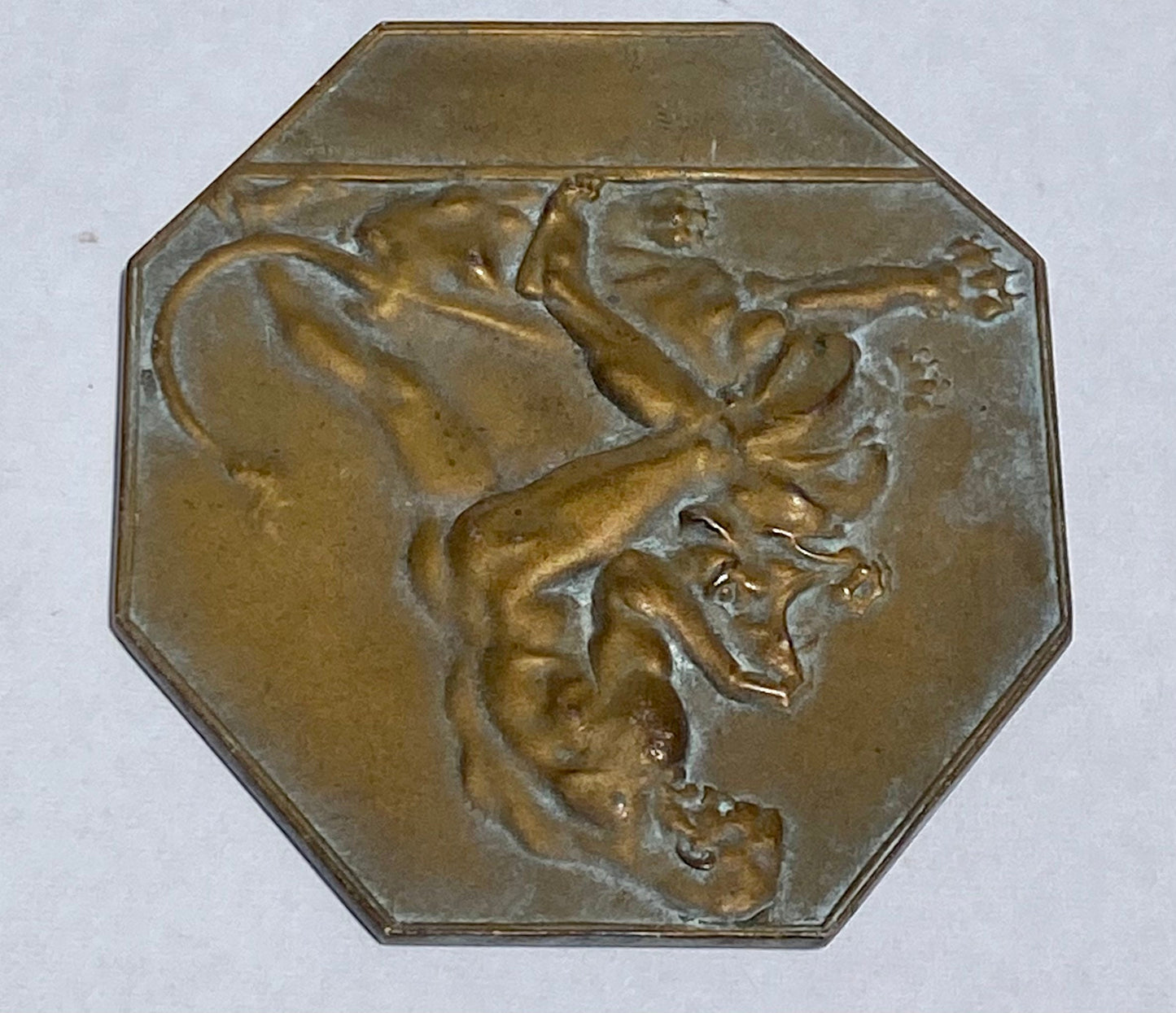 Hexagonal Bronze Plaque of Heracles Slaying Nemean Lion by Otto Hofner