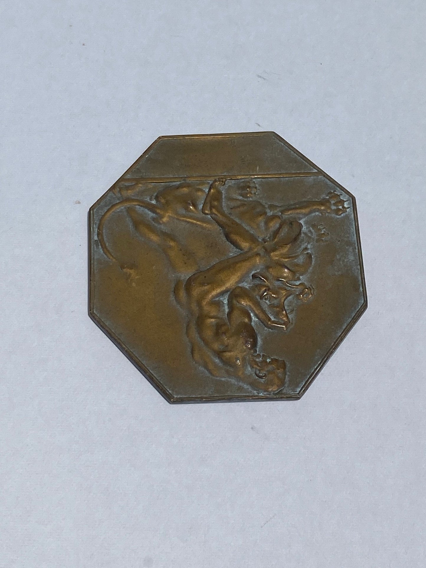 Hexagonal Bronze Plaque of Heracles Slaying Nemean Lion by Otto Hofner