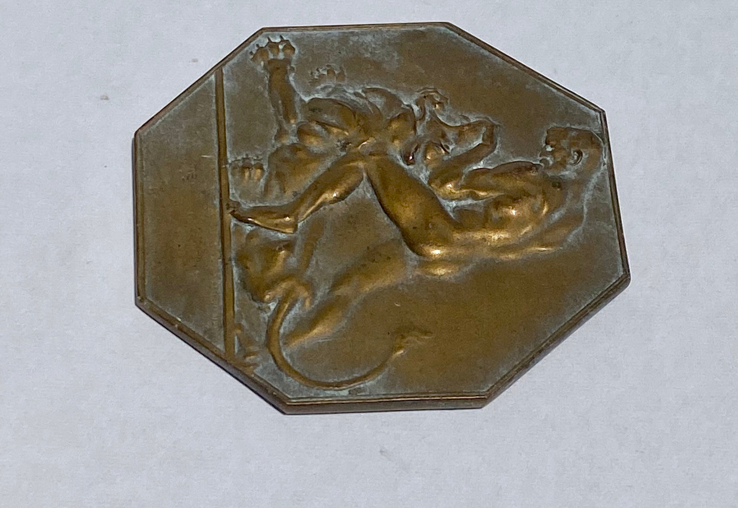 Hexagonal Bronze Plaque of Heracles Slaying Nemean Lion by Otto Hofner