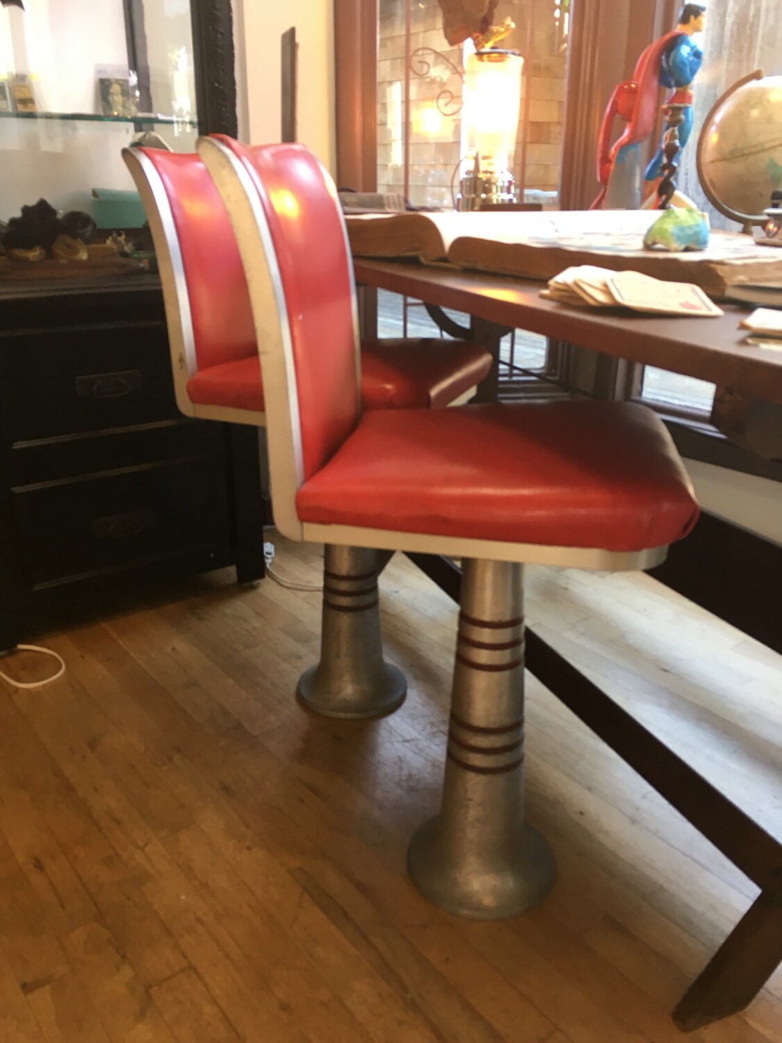 Vintage Pair of Red Bar Stools, Ice Cream Shop Chairs, Soda Stools