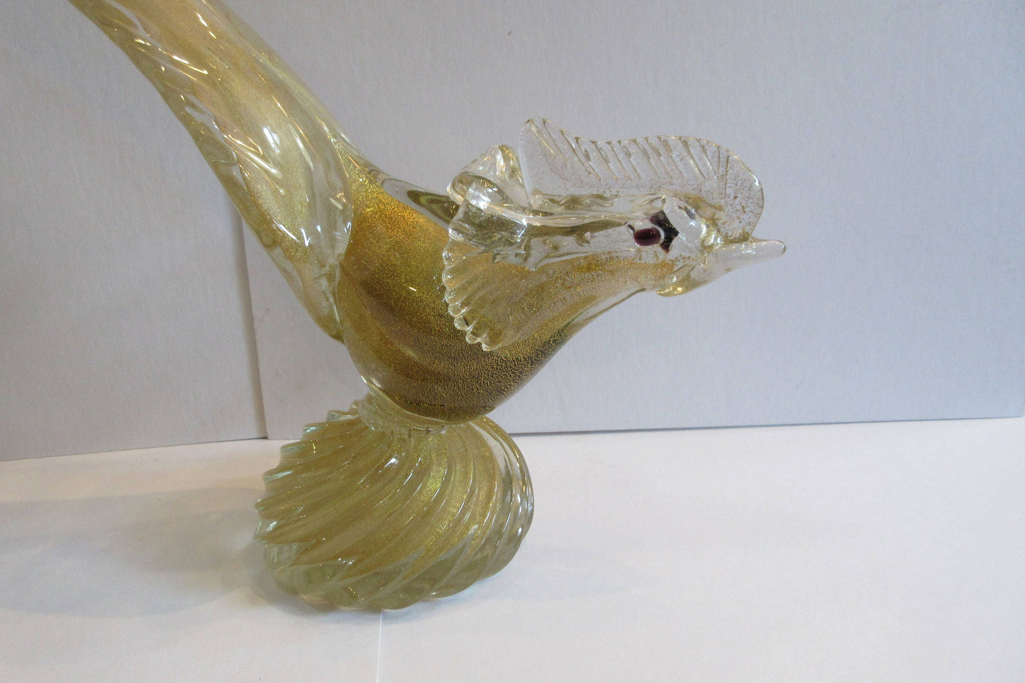 Antique Venetian glass, gold flecked long tail rooster, made in Murano, Italy