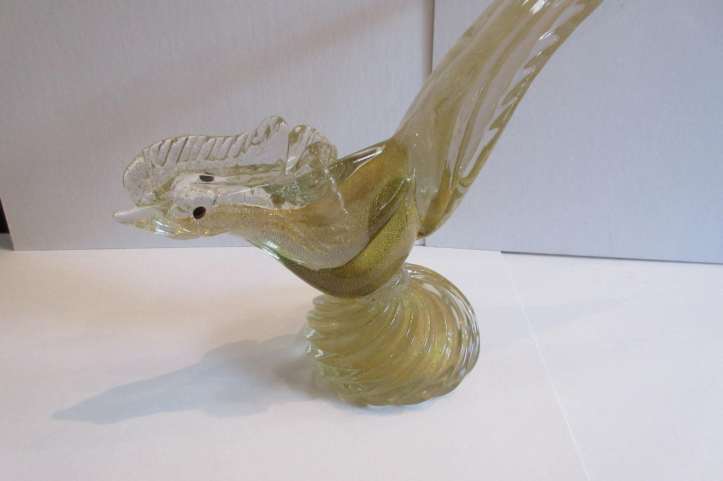 Antique Venetian glass, gold flecked long tail rooster, made in Murano, Italy