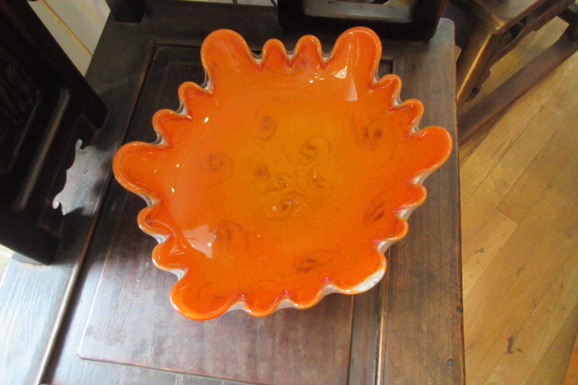 Fratelli Toso Venetian glass footed bowl, Vibrant Orange & Swirls of Gold Dust