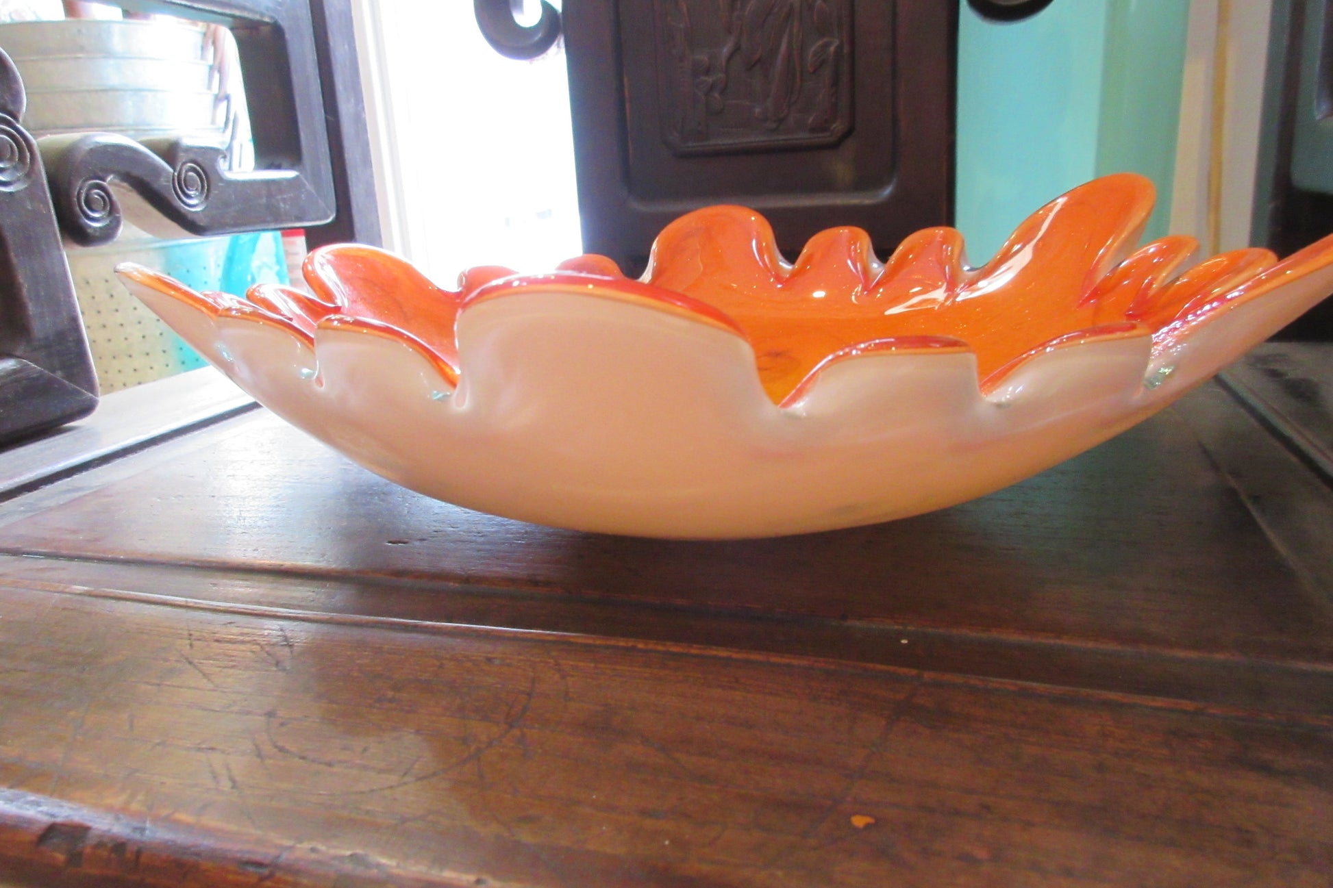 Fratelli Toso Venetian glass footed bowl, Vibrant Orange & Swirls of Gold Dust