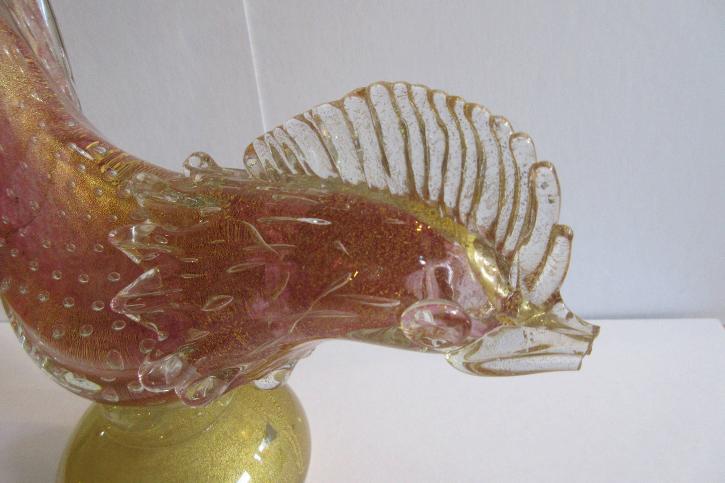 Large Venetian glass long tail rooster- vibrant pink/gold flake