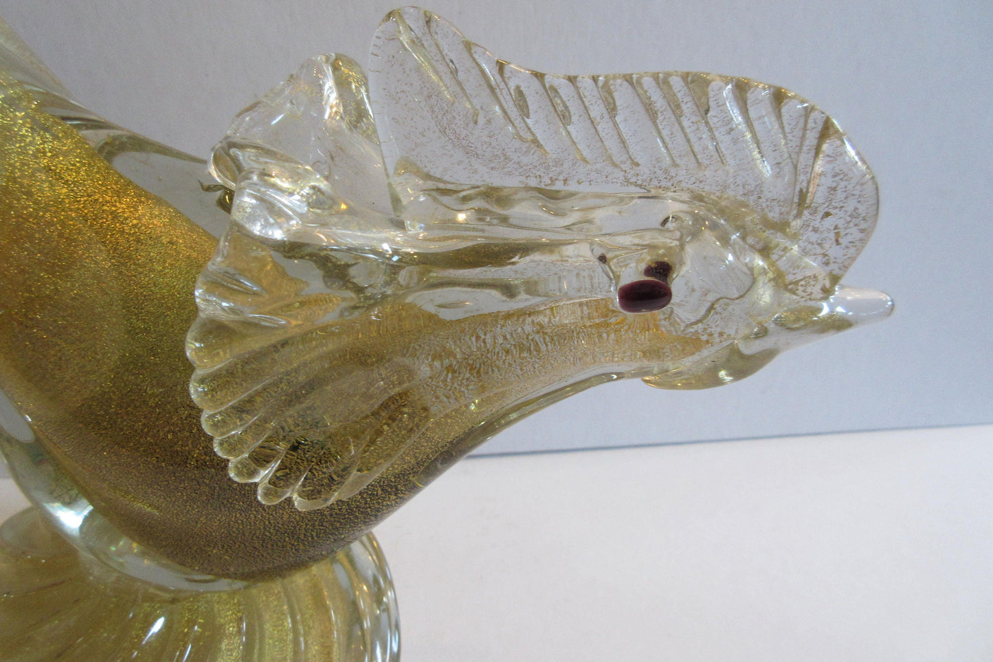 Antique Venetian glass, gold flecked long tail rooster, made in Murano, Italy