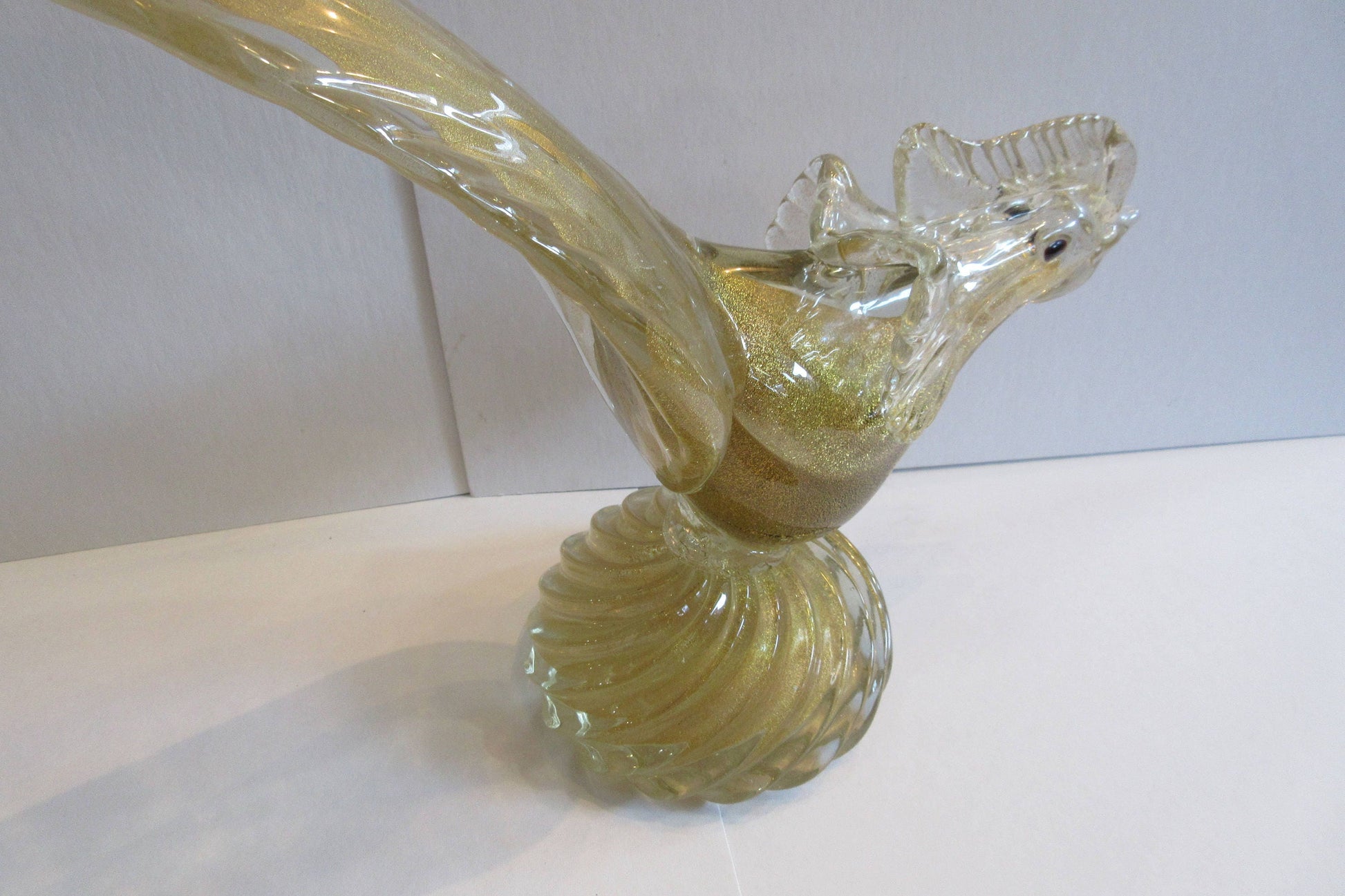 Antique Venetian glass, gold flecked long tail rooster, made in Murano, Italy