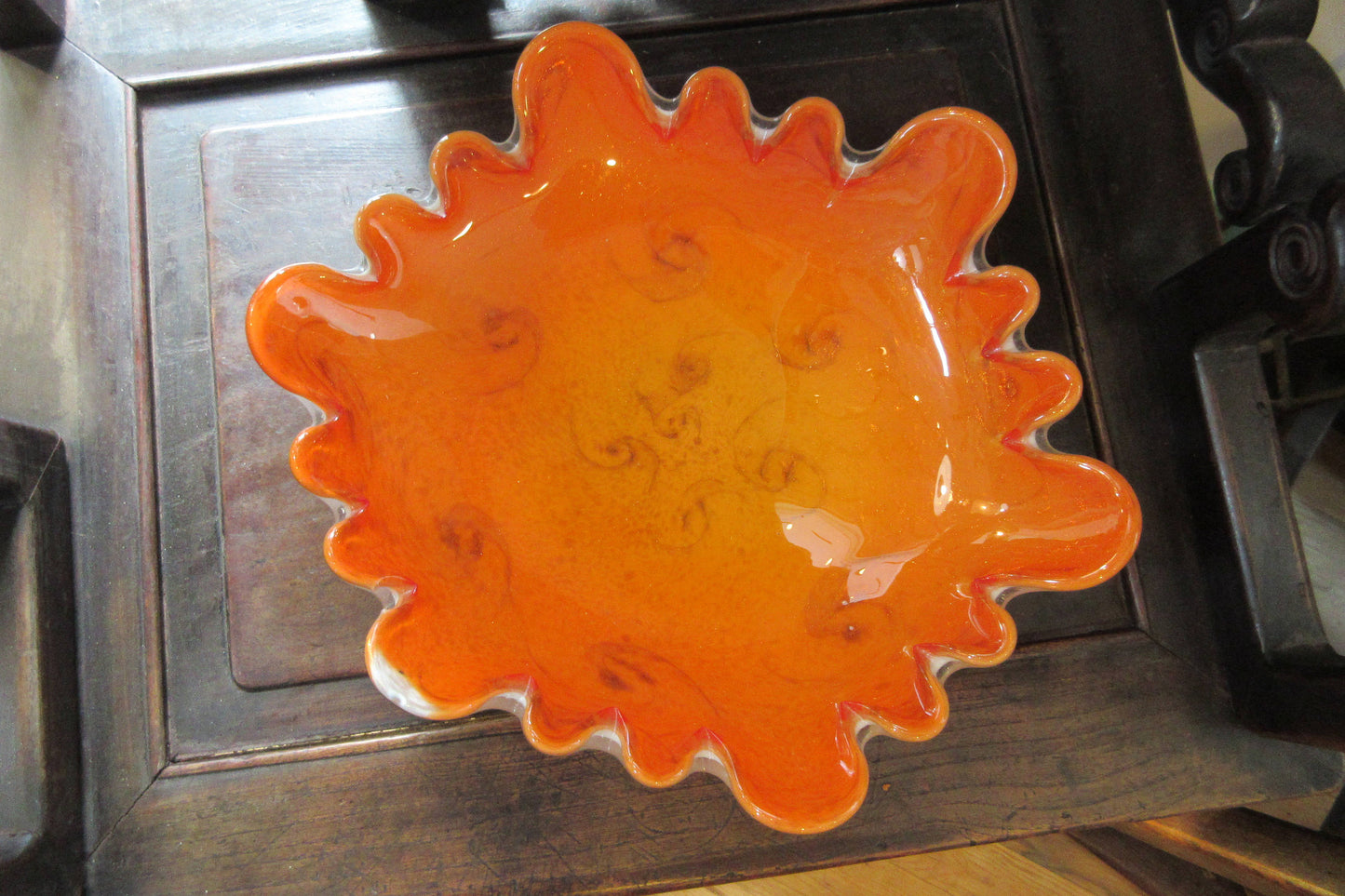 Fratelli Toso Venetian glass footed bowl, Vibrant Orange & Swirls of Gold Dust