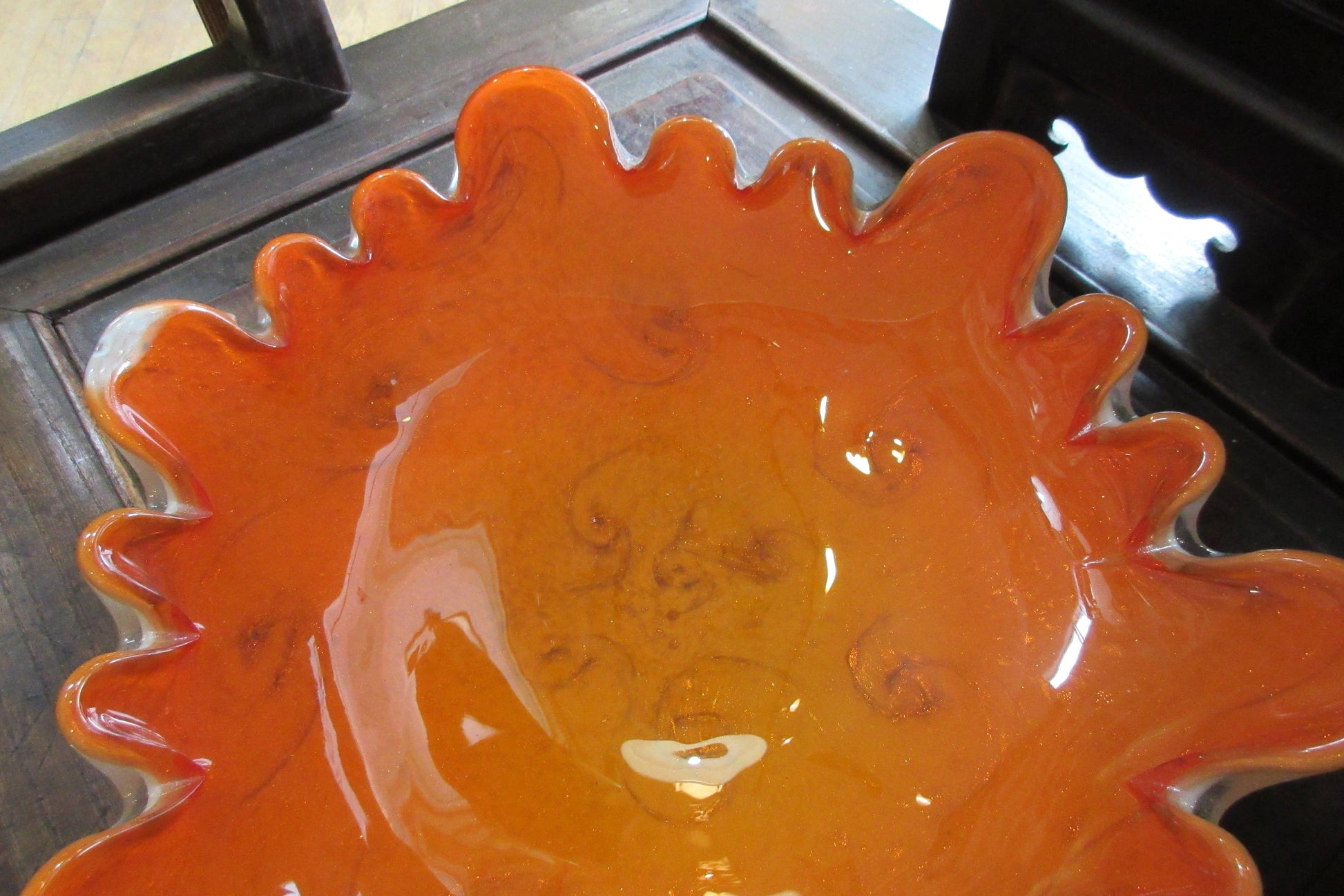 Fratelli Toso Venetian glass footed bowl, Vibrant Orange & Swirls of Gold Dust