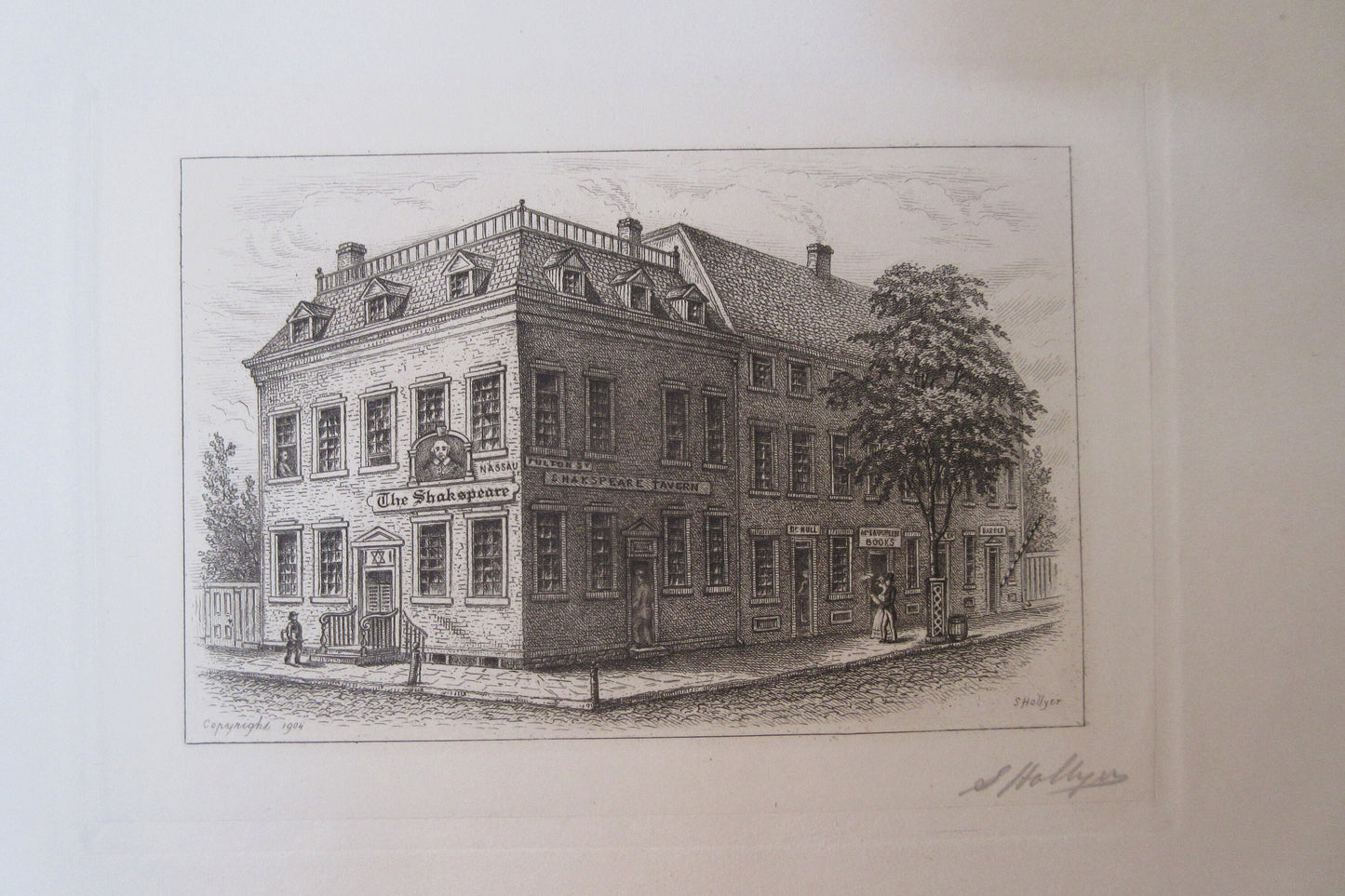 1904 Samuel Hollyer Signed Engraving. Shakespere Tavern, New York City, Circa 1820. #13