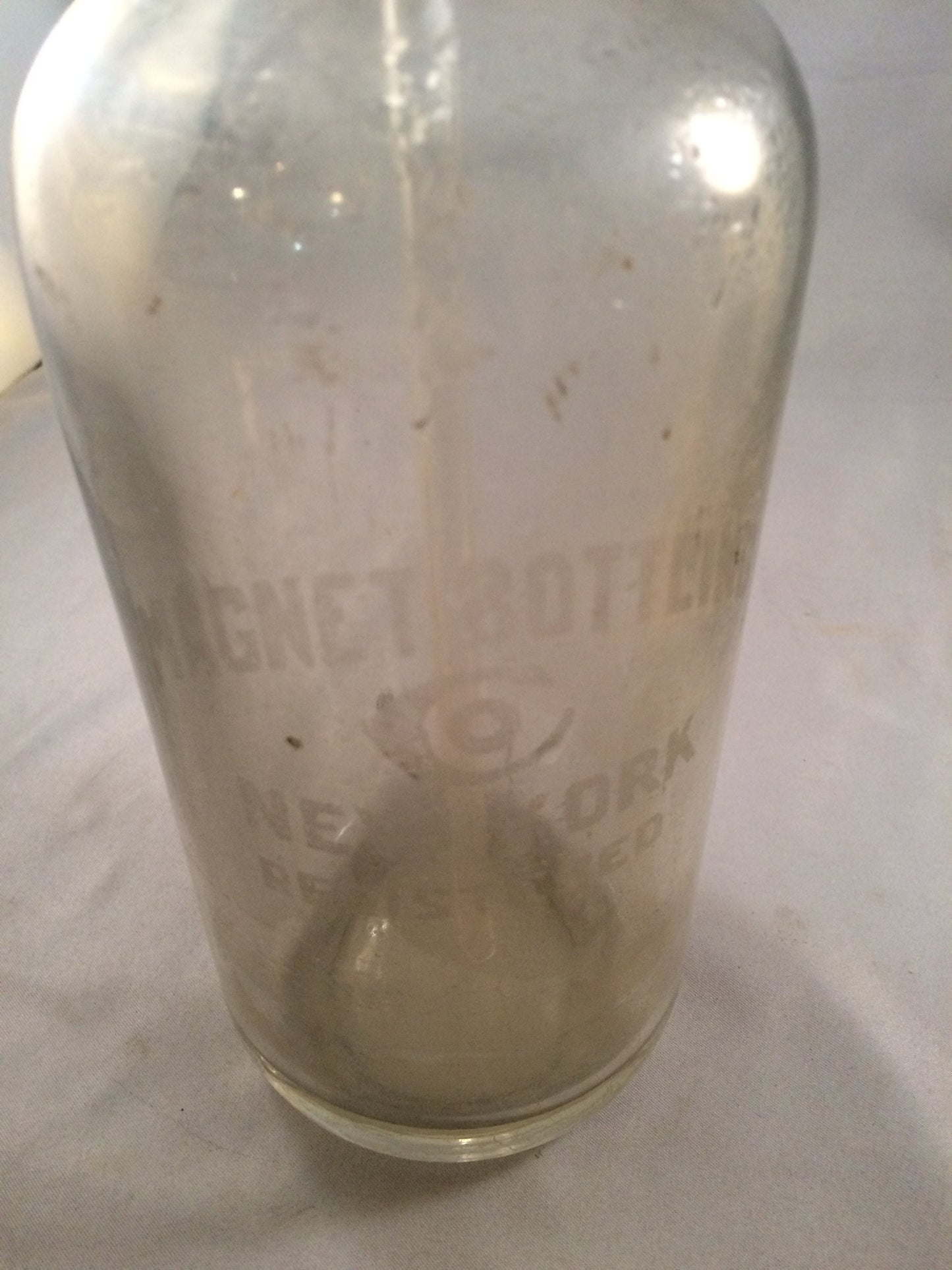 Vintage Clear Glass Magnet Bottling Seltzer Bottle, 1941 Brooklyn, NY