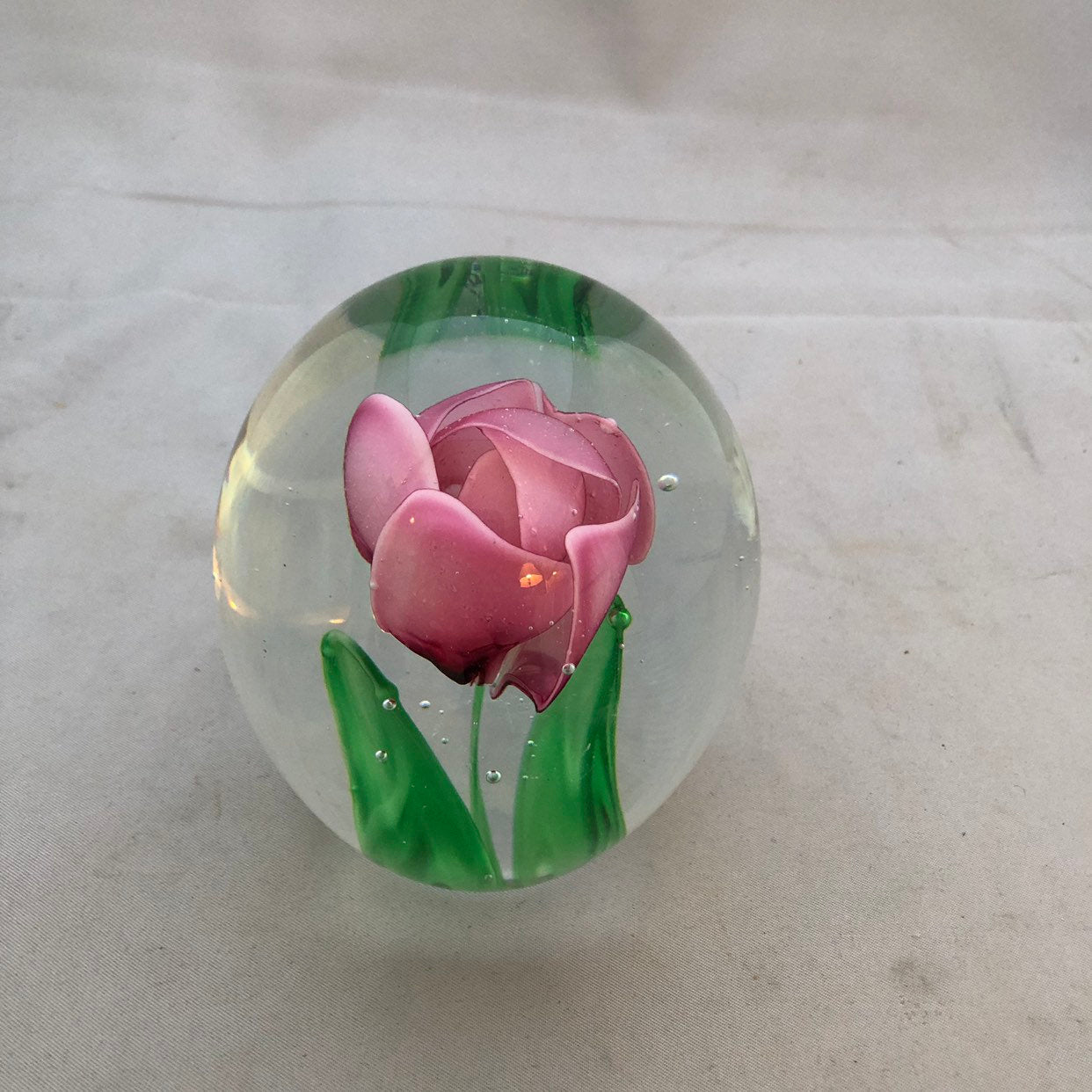 2000s Edinburgh Glass Paperweight with Beautiful Pink Flower and Bubbles