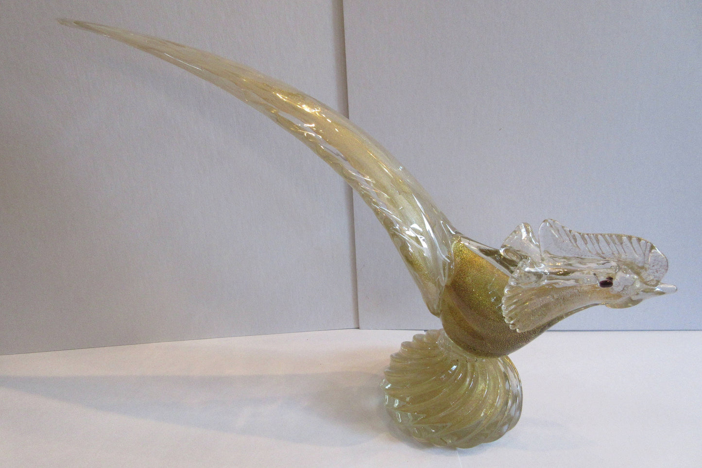 Antique Venetian glass, gold flecked long tail rooster, made in Murano, Italy