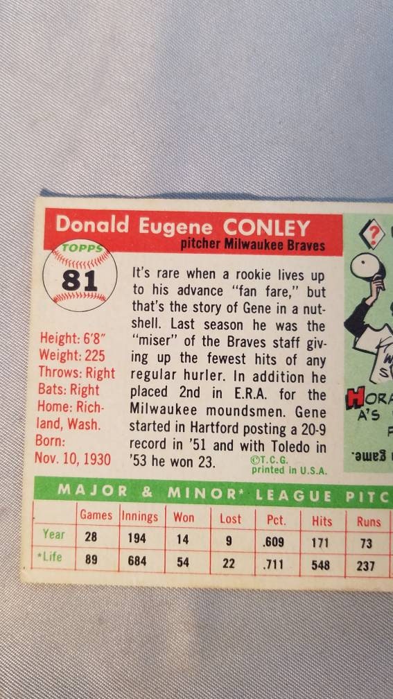 Vintage Topps #81 Gene Conley - Milwaukee Braves Baseball Card | 1950s Memorabilia