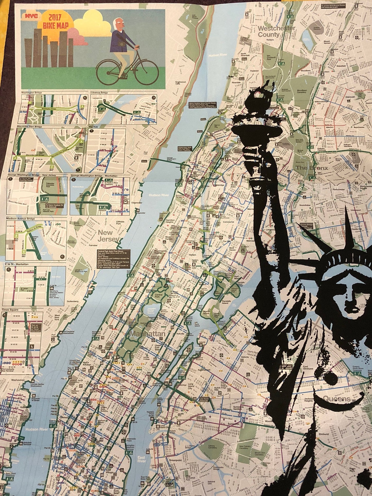 NYC bicycle map ink print art piece.