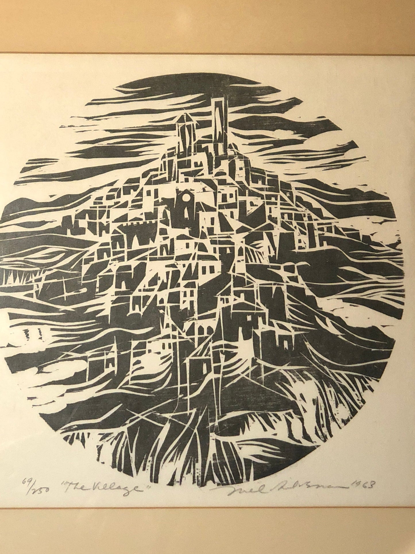 The Village by Mel Silverstein. Original wood cut art piece.