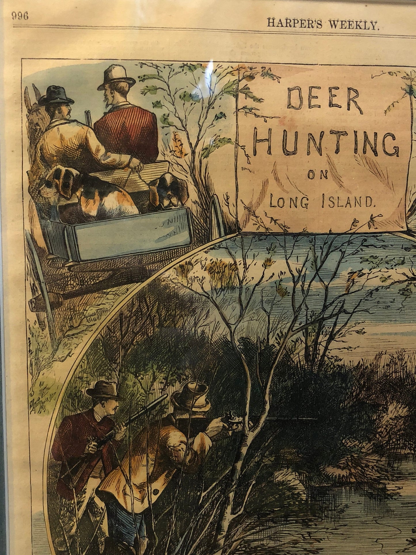 1873 Harper's Weekly illustration of "Deer Hunting on Long Island" framed.