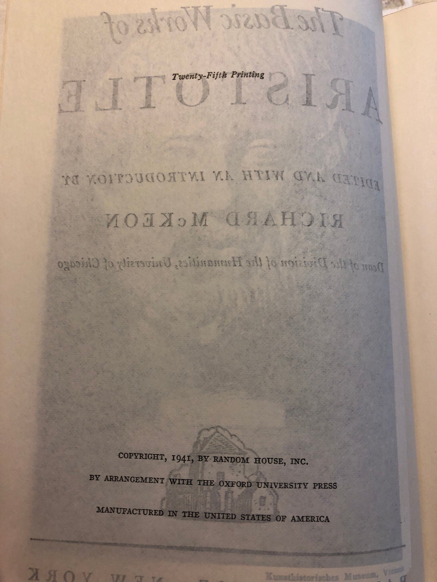 1941 25th Printing of The Basic Works of Aristotle Edited and With an Introduction by Richard McKeon published by Random House, Inc.