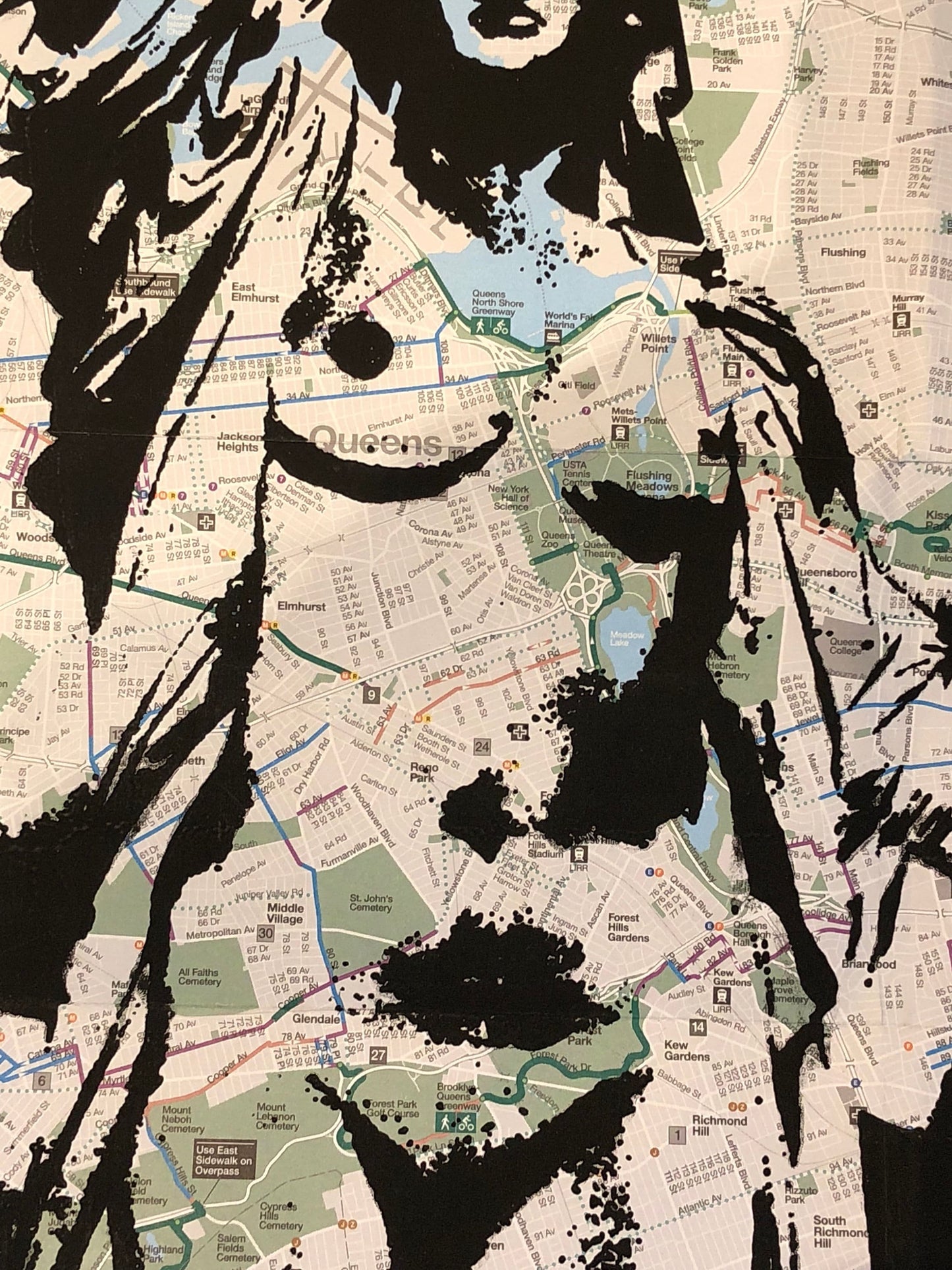 NYC bicycle map ink print art piece.