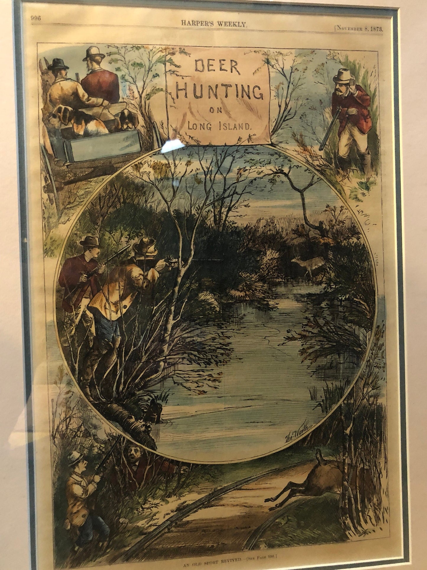 1873 Harper's Weekly illustration of "Deer Hunting on Long Island" framed.