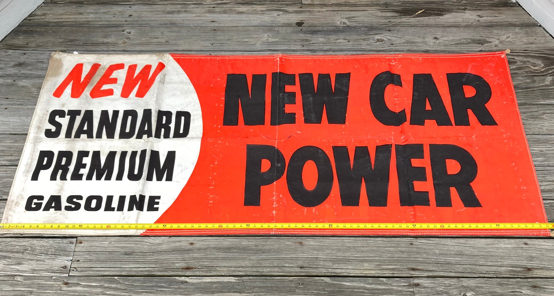 On sale-1950's Vintage “New Standard Premium Gasoline New Car Power” Gas Station Advertising Banner