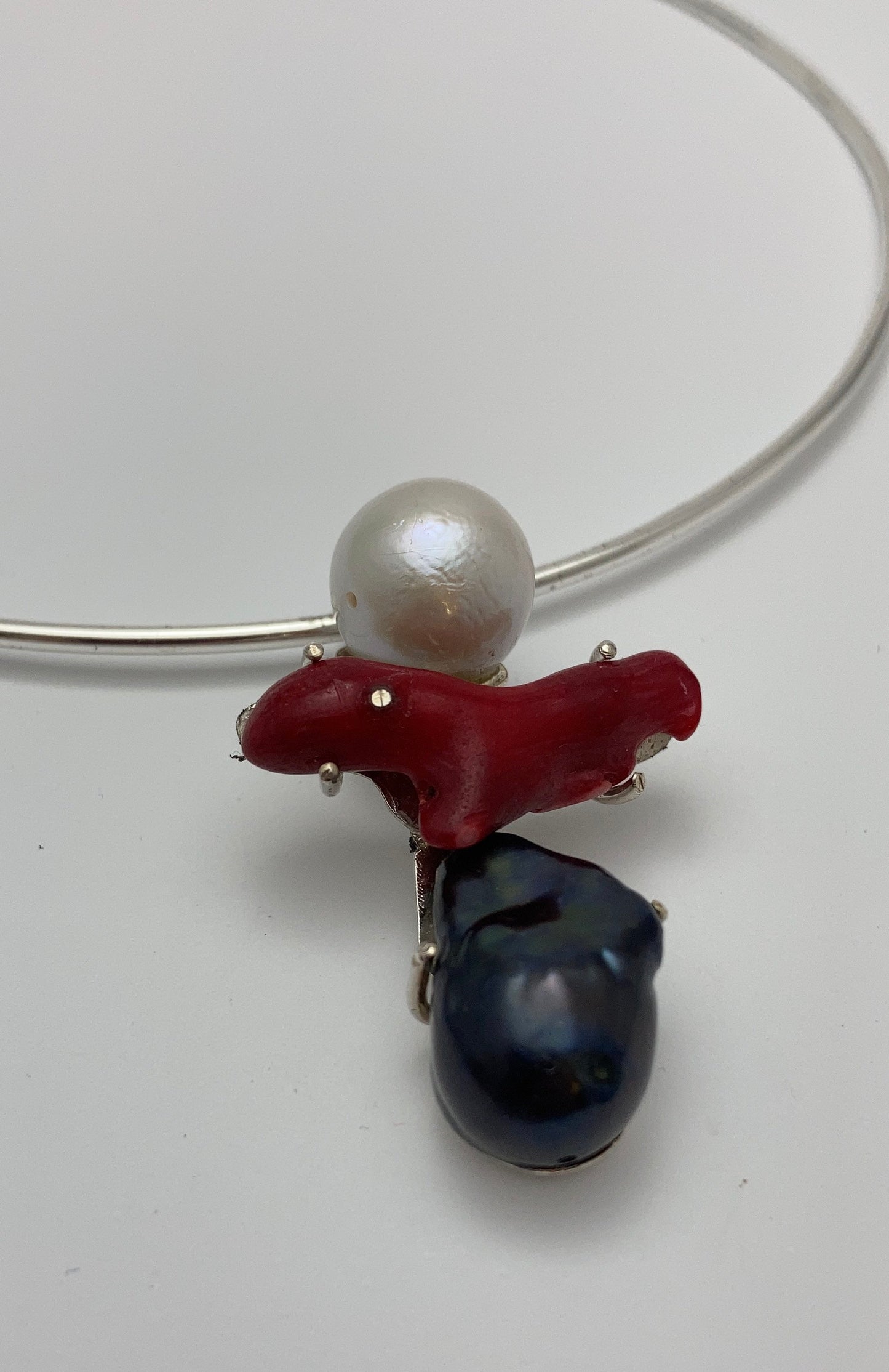 Liz Chalela Choker featuring Japanese Akoya Pearl, Bamboo Coral and Tahitian Baroque Pearl Silver Pendant