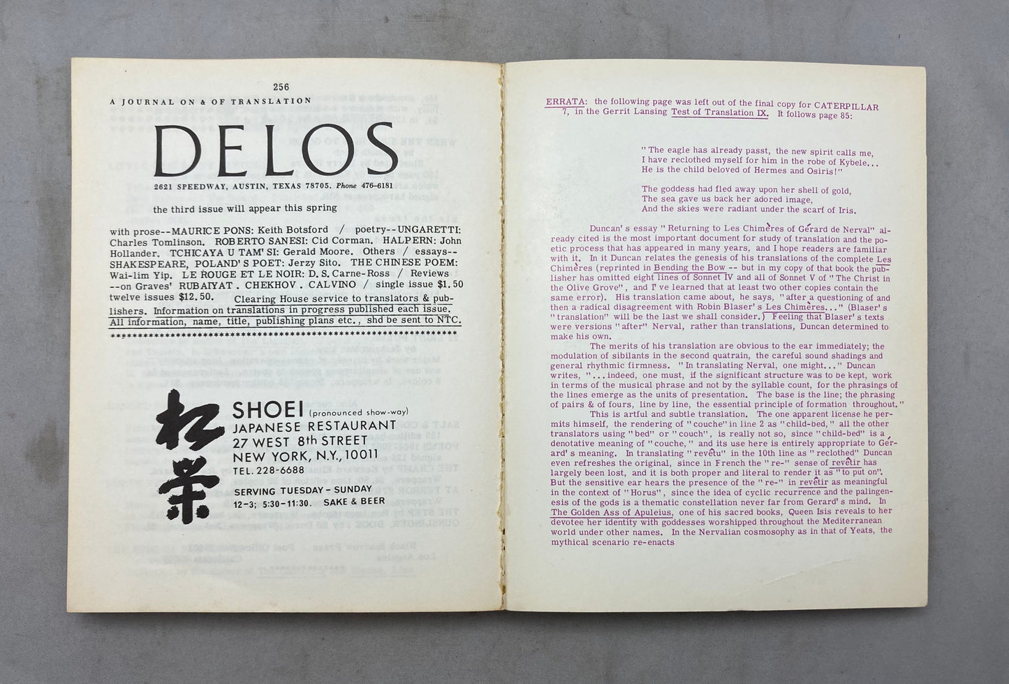 1969 Publication of Poetry, ‘Caterpillar, A Gathering of Tribes’ Volume 7 by Clayton Eshleman