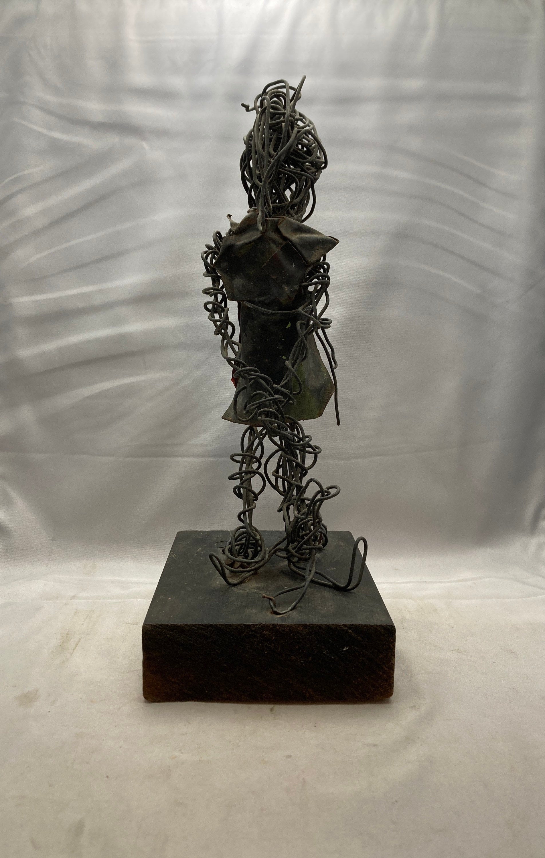 Abstract Art Sculpture with Black Wire and Wood Plynth by Eduardo Torres