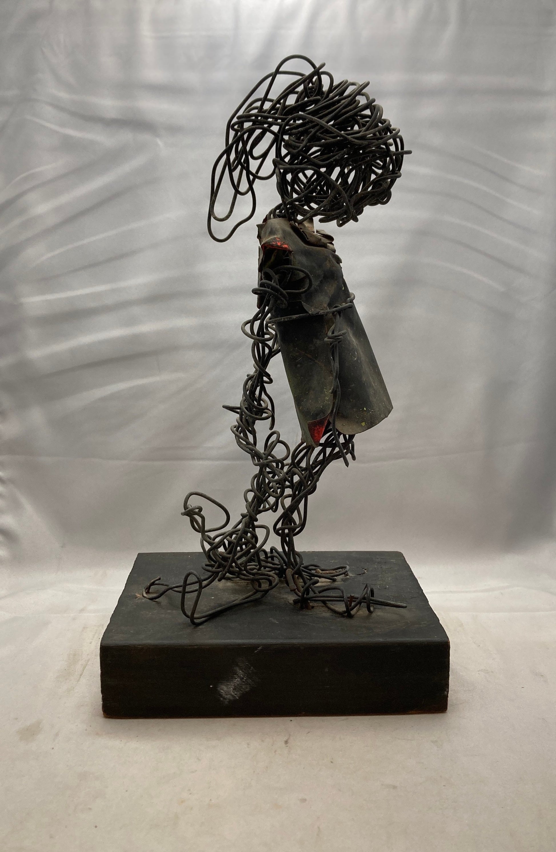 Abstract Art Sculpture with Black Wire and Wood Plynth by Eduardo Torres