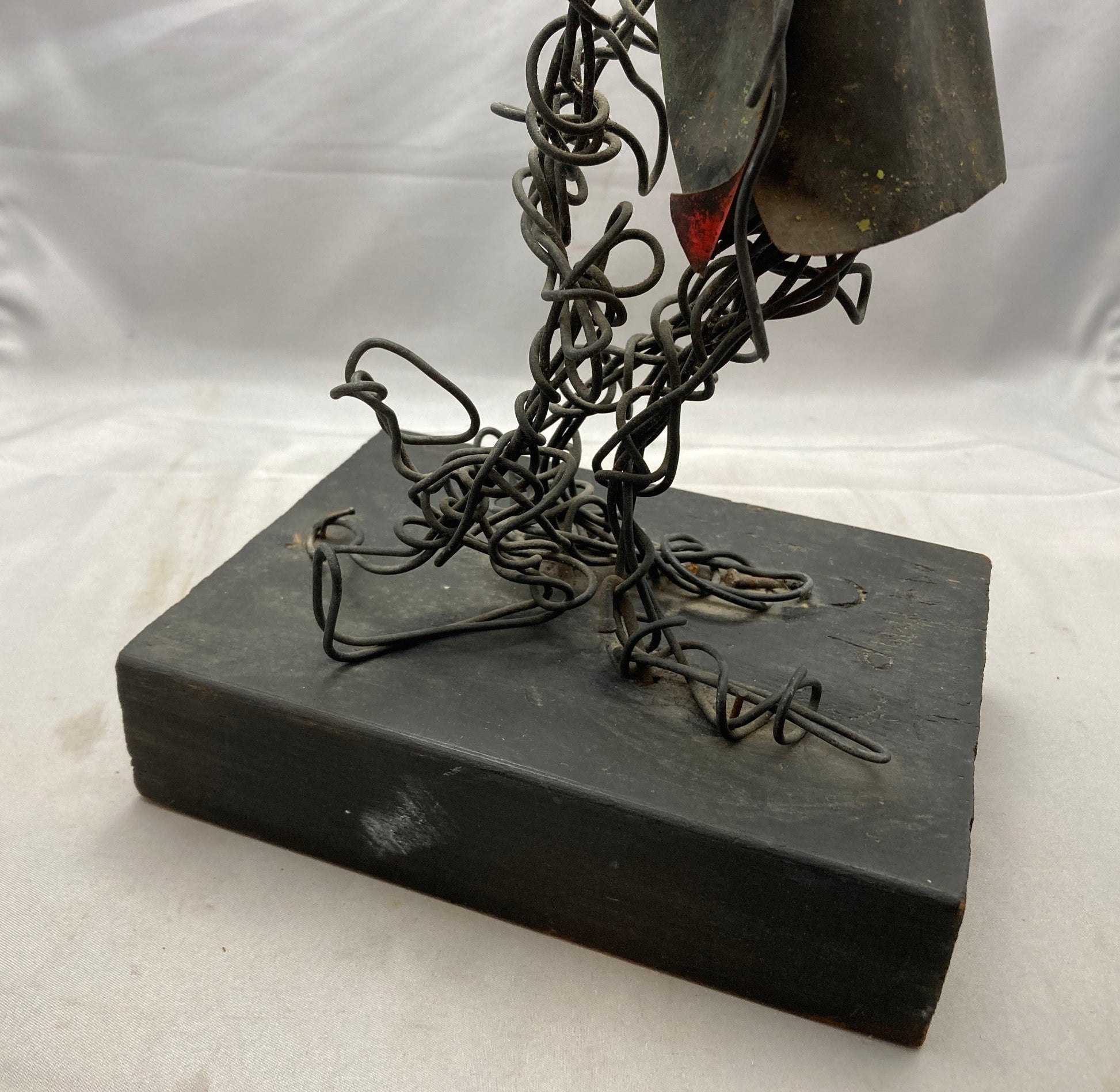 Abstract Art Sculpture with Black Wire and Wood Plynth by Eduardo Torres