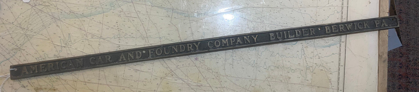 Vintage Railroad Name Plate for American Car and Foundry Company Builder, Berwick, PA Solid