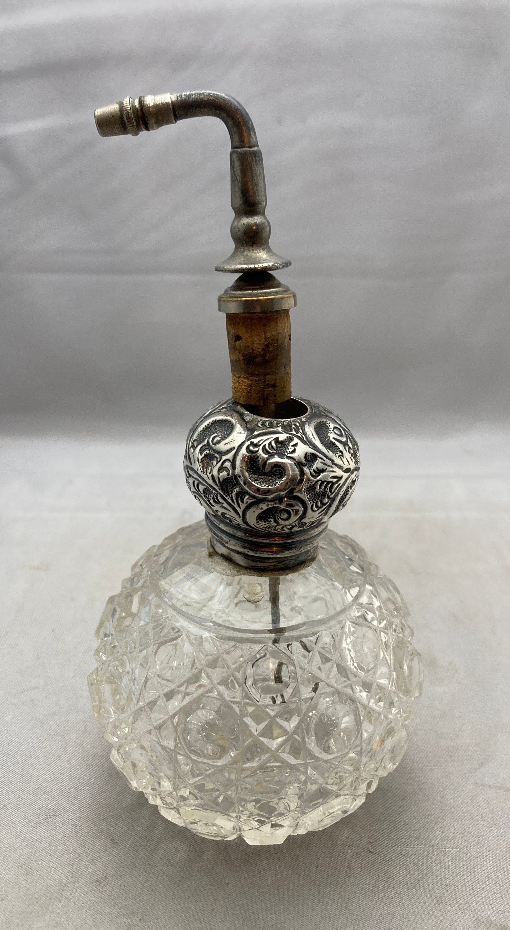 Antique J.H.W. Son & Co Sterling Silver Top and Cut Glass Perfume Bottle