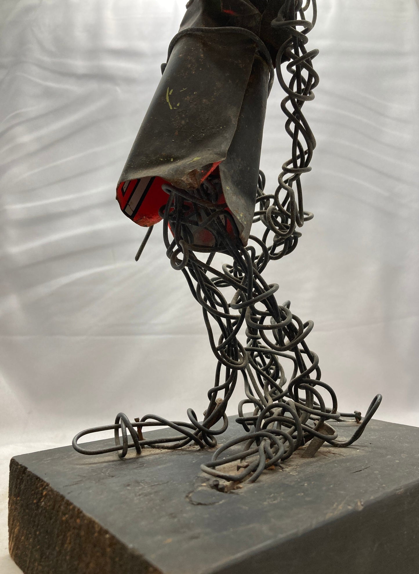 Abstract Art Sculpture with Black Wire and Wood Plynth by Eduardo Torres