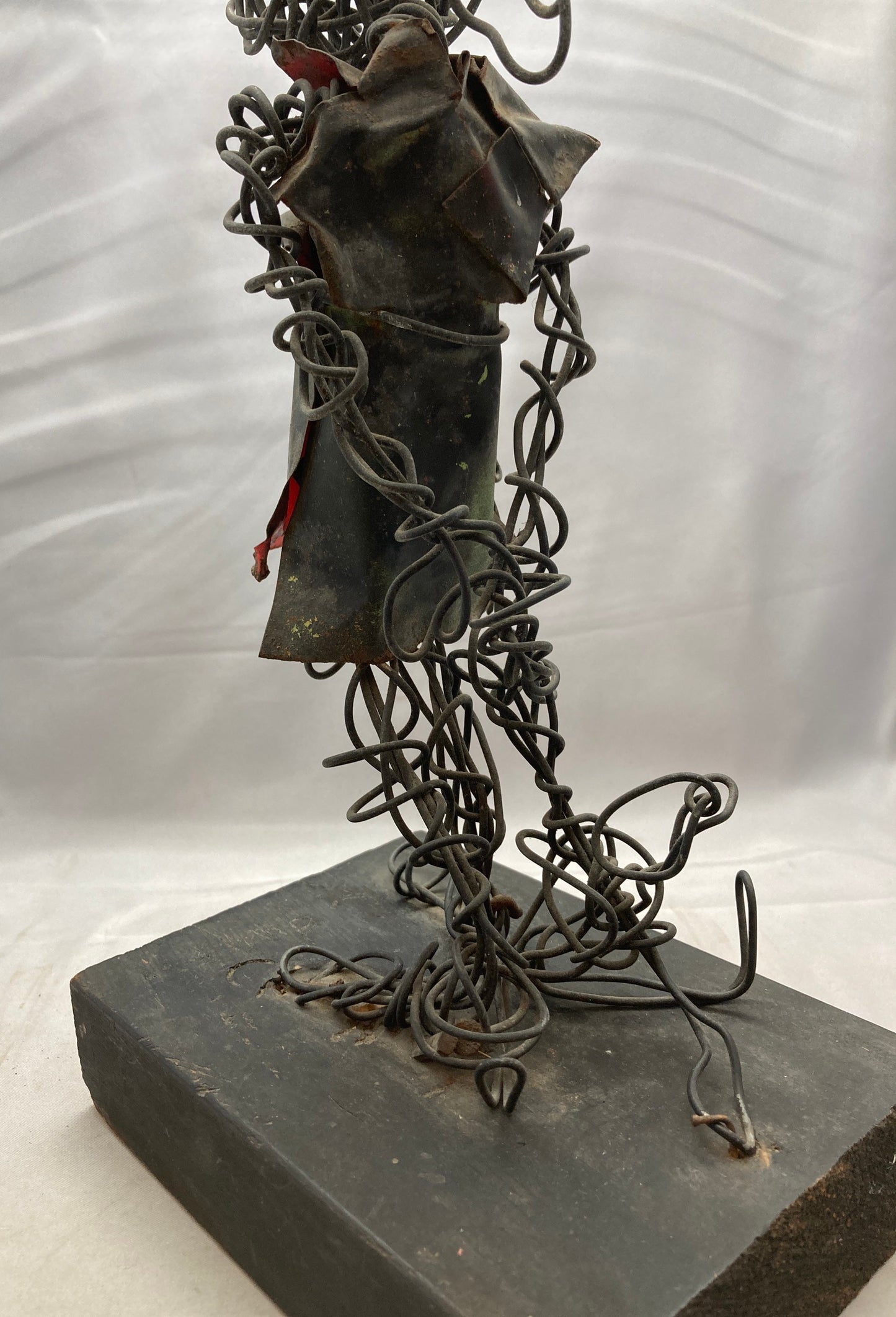 Abstract Art Sculpture with Black Wire and Wood Plynth by Eduardo Torres