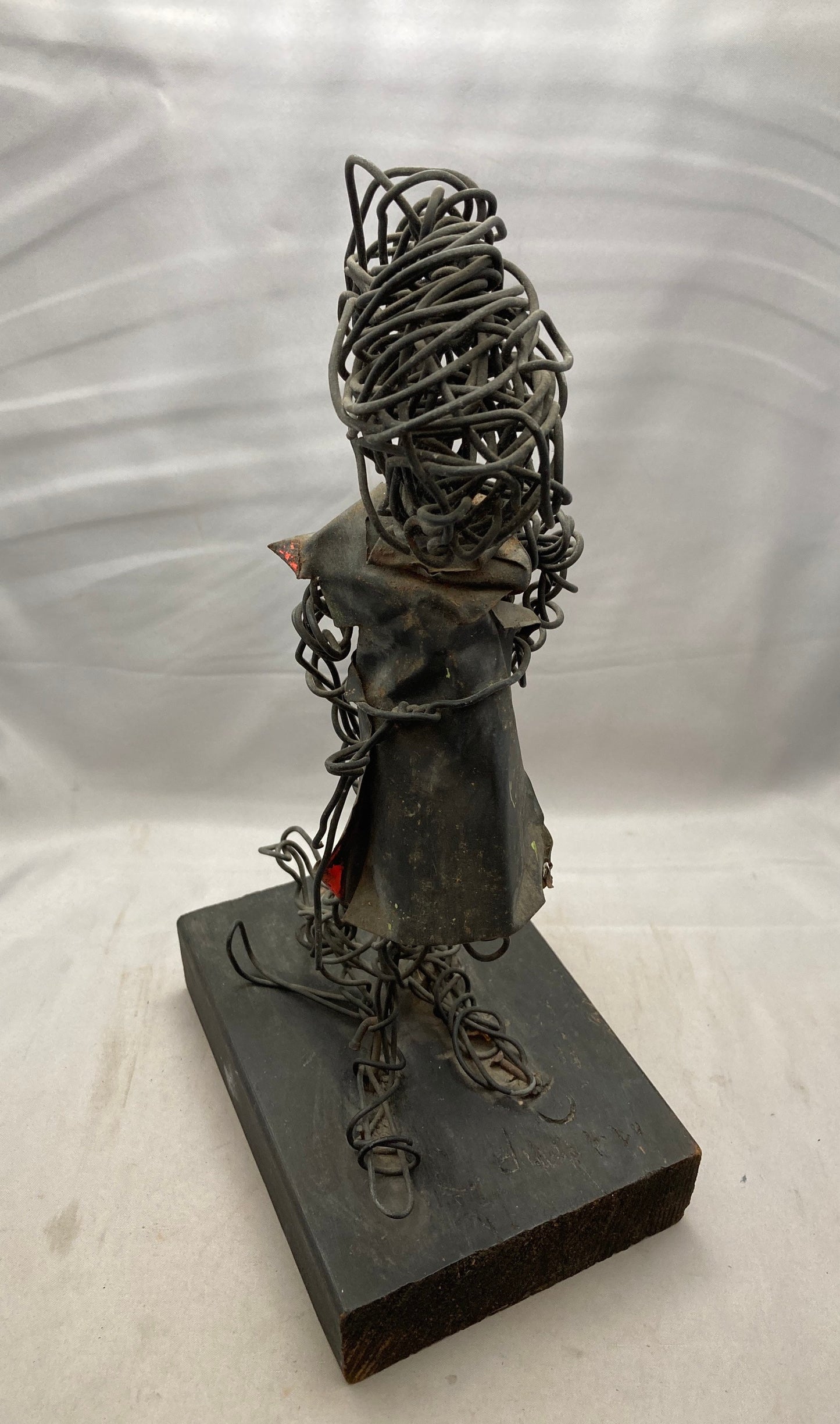 Abstract Art Sculpture with Black Wire and Wood Plynth by Eduardo Torres