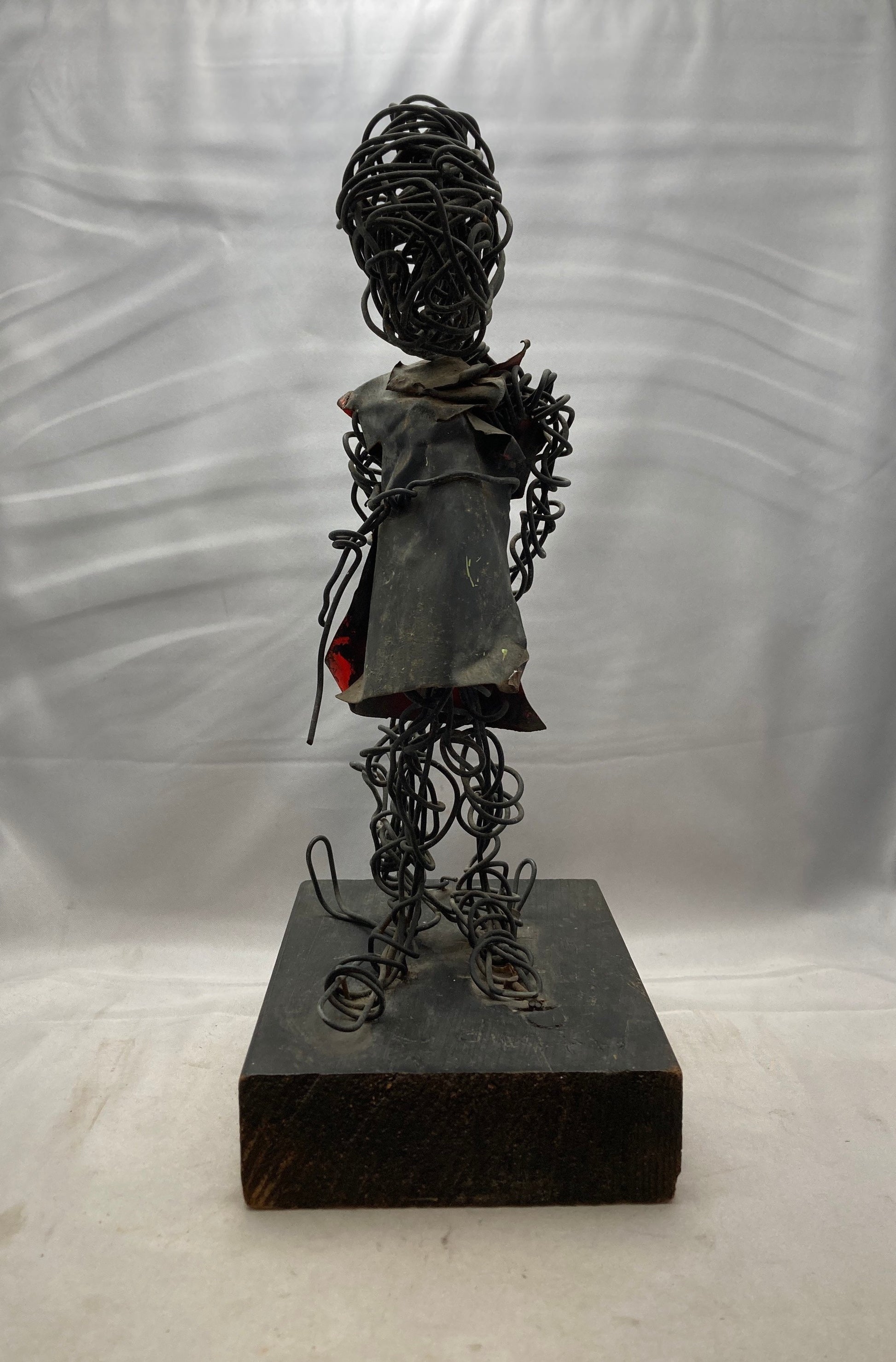 Abstract Art Sculpture with Black Wire and Wood Plynth by Eduardo Torres