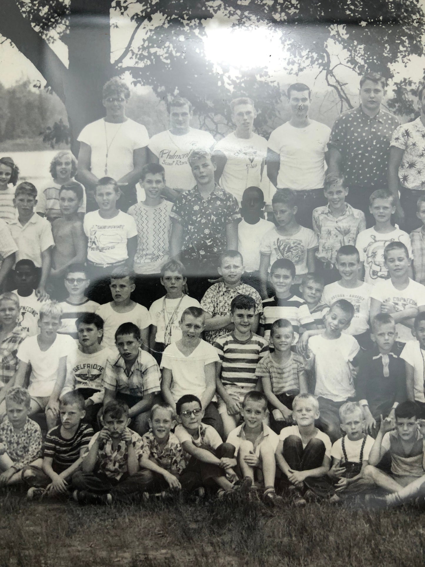 Vintage Black and White Photograph of Boys and Girls at Camp.