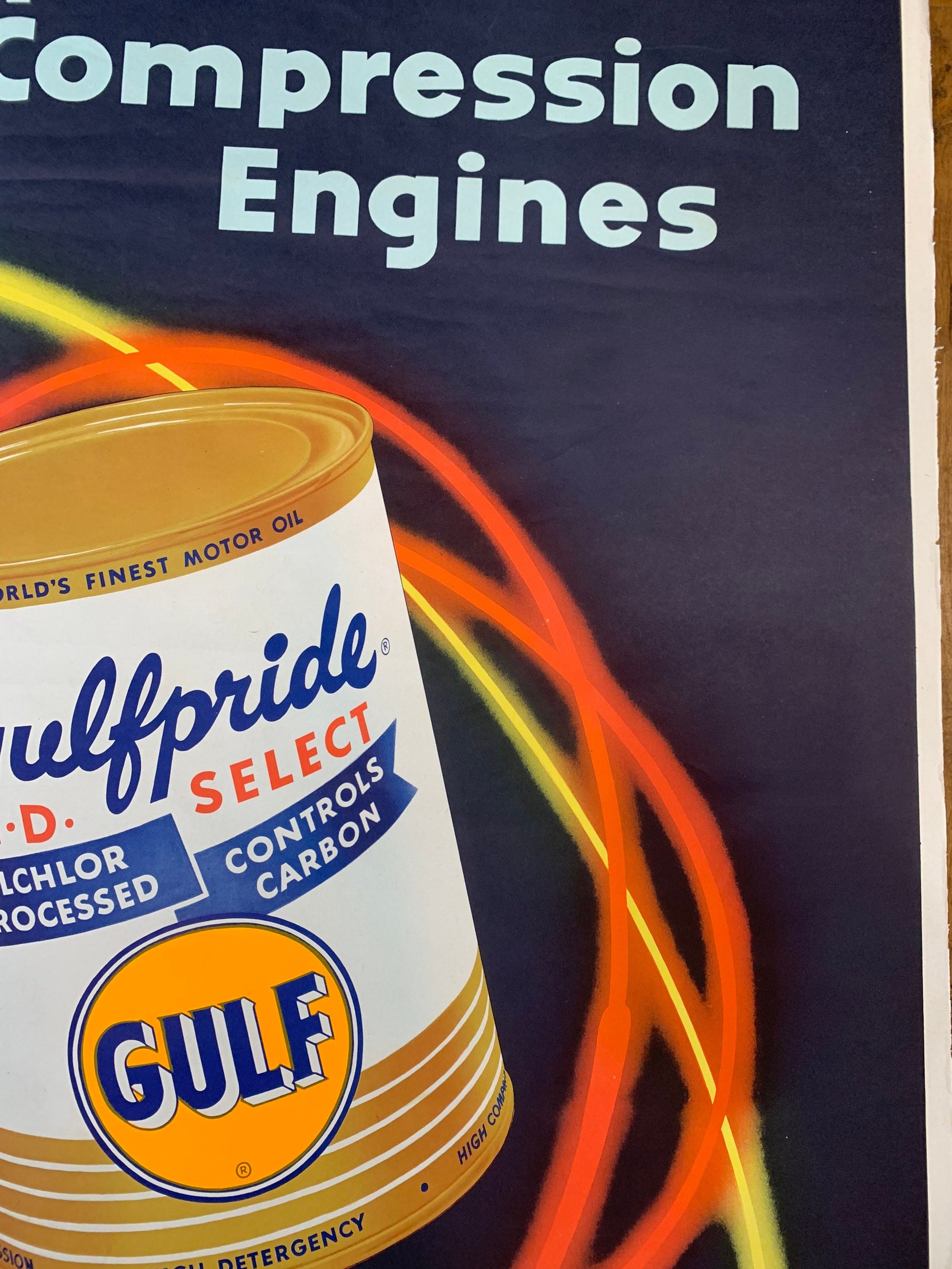 Rare Gulfpride Advertising Poster- For High Compression Engines Gulfpride H D Select Oil Lemans Poster Great condition