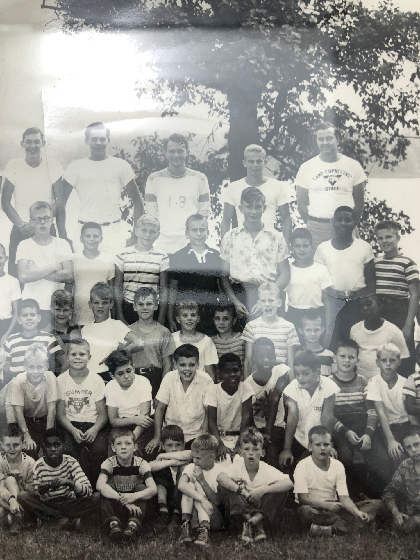 Vintage Black and White Photograph of Boys and Girls at Camp.