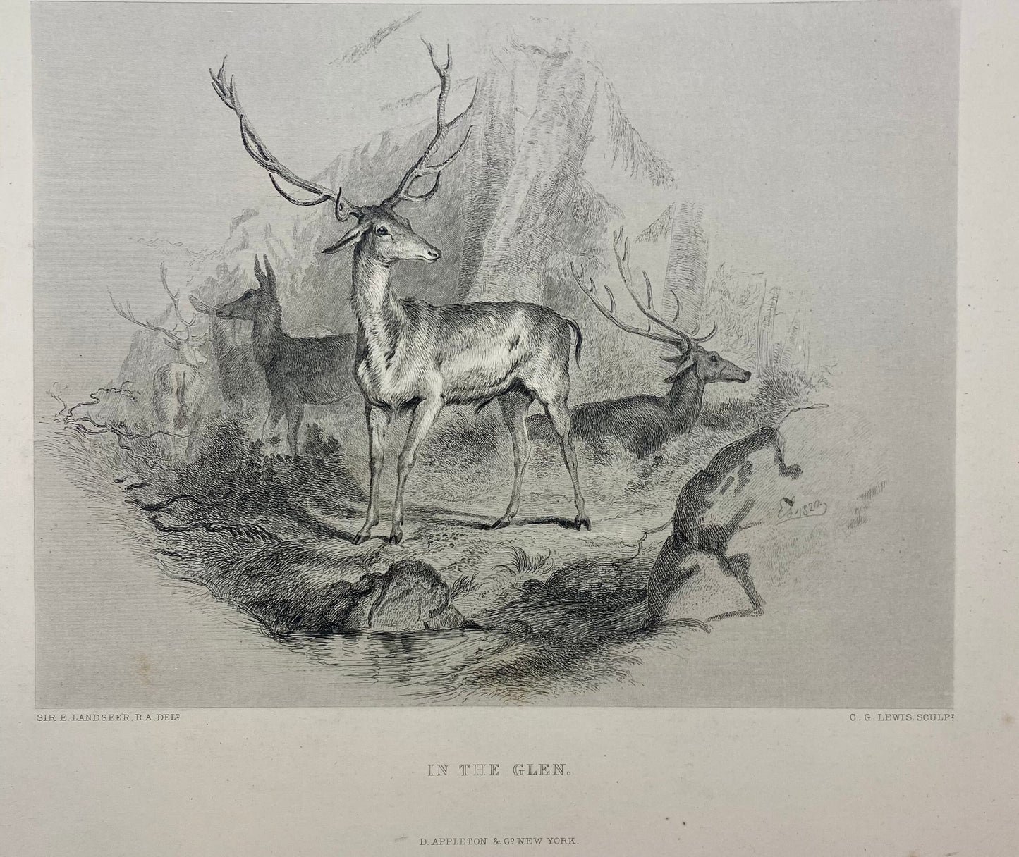 Antique "In the Glen" by Sir Edwin Landseer engraving