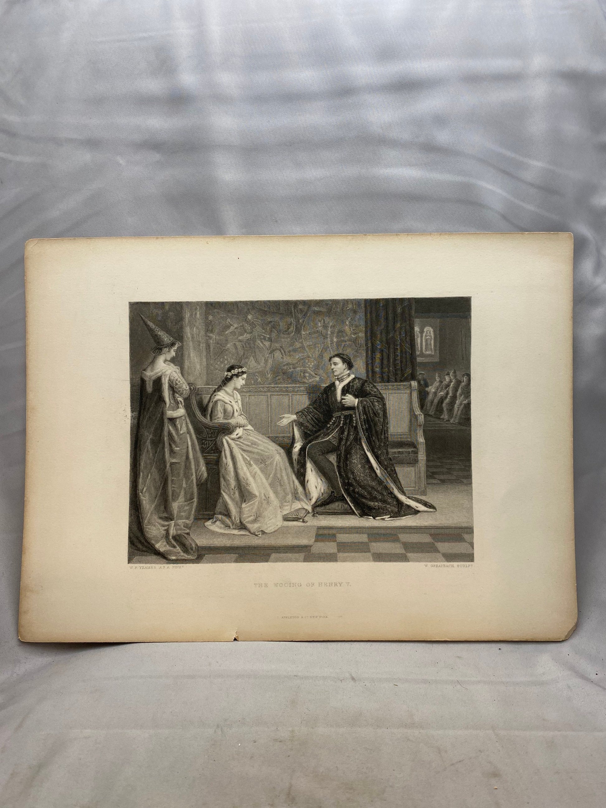 Antique engraving 1876 The Wooing of Henry V- W.F. Yeames